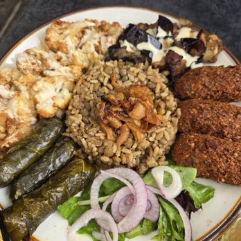Ayat - Ditmas Park - Vegan Platter- stuffed grape leaves, cauliflower, falafel, eggplant, rice & lentils, salad - Middle Eastern Near Me - Brooklyn, New York