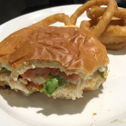 TaLLboys Grill & Pub - Chicken burger stuffed with bacon and onion rings.