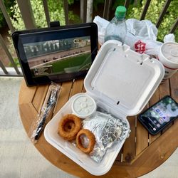 Cook Out - Hamburger tray with slaw, onion rings and Caramel Fudge milk shake while watching the Kentucky Derby