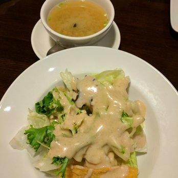 JP Asian Fusion - complimentary miso and salad (salad has too much dressing) - Asian Fusion Near Me - Modesto, California JP Asian Fusion - complimentary miso and salad (salad has too much dressing) - Asian Fusion Near Me - Modesto, California
