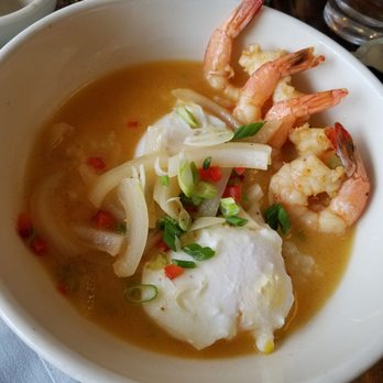Bacon & Eggs - Grits, poached egg and prawns - New American Near Me - Walla Walla, Washington