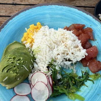 The Deck - Poke bowl (tuna, Coconut rice, avocado, radish, mango, wakame salad) with jalapeño in a side - New American Near Me - Tybee Island, Georgia The Deck - Poke bowl (tuna, Coconut rice, avocado, radish, mango, wakame salad) with jalapeño in a side - New American Near Me - Tybee Island, Georgia