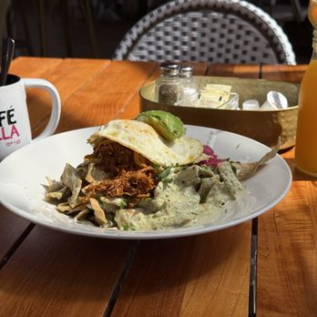 Cocina 35 - LA BOMBA CHILAQUILES with added eggs over medium, fresh squeezed OJ & Café de Olla - Mexican Near Me - San Diego, California