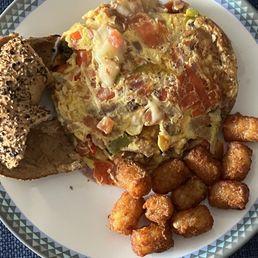 Veggie Omelet, tots, bagel Veggie Omelet, tots, bagel