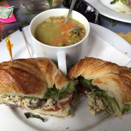 Chicken salad croissant with split pea soup