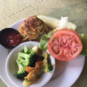Suicide Bridge Restaurant - Crab cake sandwich with veggie variety. Veggies very fresh & tasty while the huge crab cake sandwich was awesome! - Seafood Near Me - Hurlock, Maryland