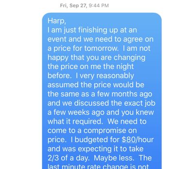24/7 SF - My text at 9:44pm trying to get Harp to do the job before he cancels on me. - Handyman Near Me - San Francisco, California