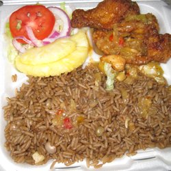 Pineapple chicken, salad, rice&peas