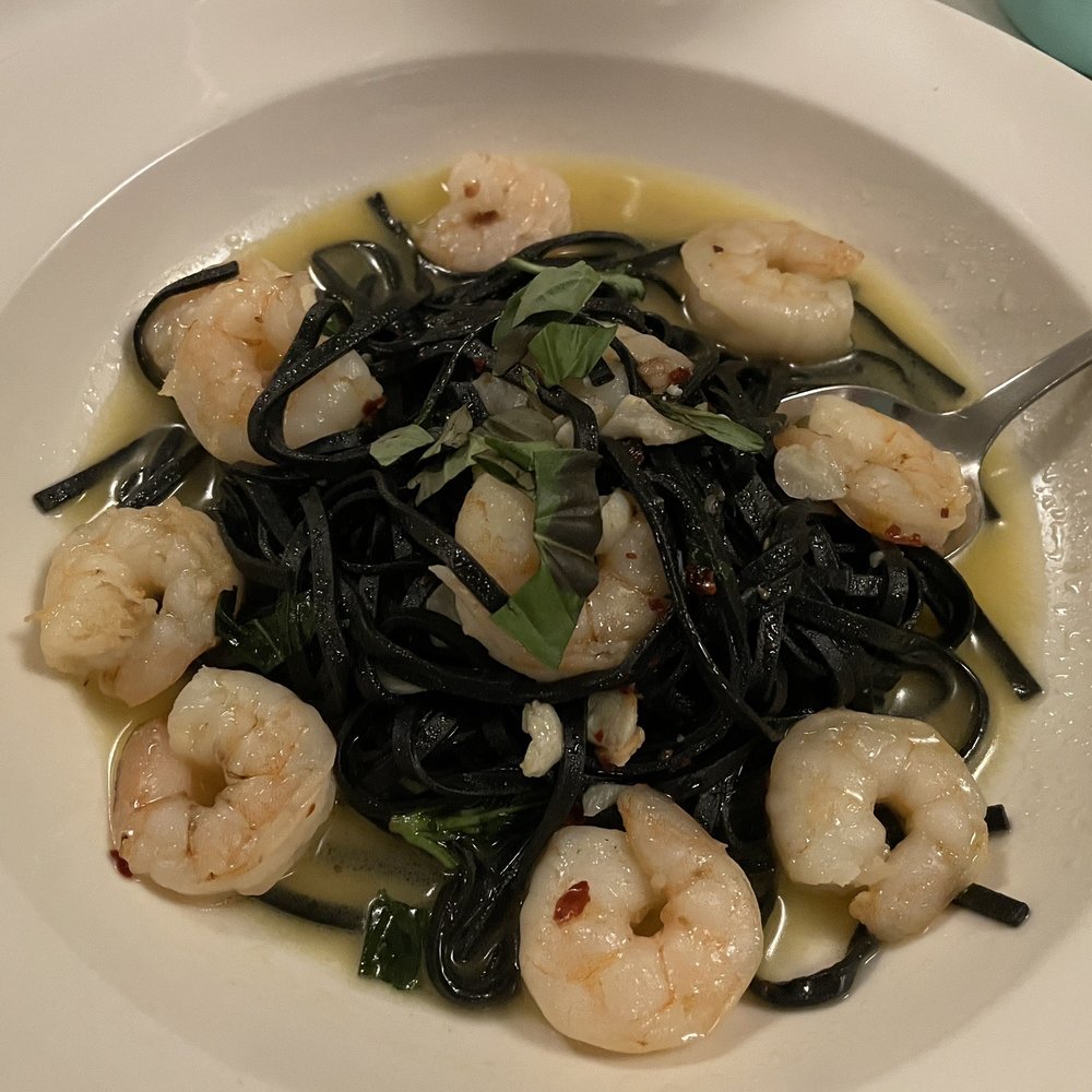 Focacceria - Shrimp with squid ink pasta in garlic and oil ( special) - Italian Near Me - Basking Ridge, New Jersey