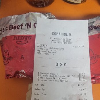 Arby's - July 12 2026 receipt - Fast Food Near Me - Williams, California Arby's - July 12 2026 receipt - Fast Food Near Me - Williams, California