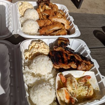 Ted's Bakery - Top: katsu chicken and Hawaiian short ribs (special plate 2 items), bottom: short ribs, bbq chicken, garlic shrimp (special plate 3 items) - Bakeries Near Me - Haleiwa, Hawaii