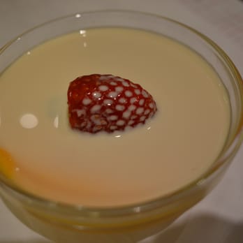 Yank Sing - Mango pudding with half a strawberry topped with milk. - Dim Sum Near Me - San Francisco, California Yank Sing - Mango pudding with half a strawberry topped with milk. - Dim Sum Near Me - San Francisco, California
