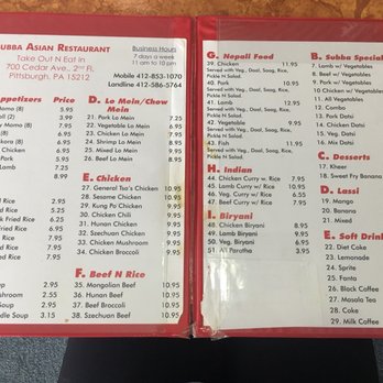 Subba Asian Restaurant - Peak at the menu - Indian Near Me - Pittsburgh, Pennsylvania