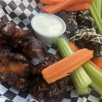Born In A Barn - Smoked wings. Buffalo on one and garlic Asiago on the others. - American Near Me - Laramie, Wyoming Born In A Barn - Smoked wings. Buffalo on one and garlic Asiago on the others. - American Near Me - Laramie, Wyoming