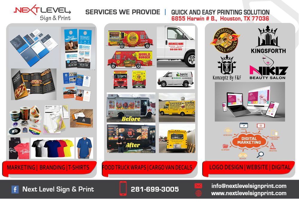 NEXT LEVEL SIGN AND PRINT 6855 Harwin Dr, Houston, Texas Signmaking