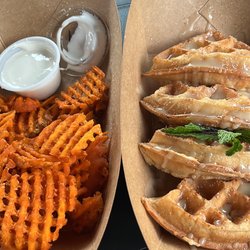The Krispy Rooster - Sweet potato fries with fluff dipping sauce, waffles and honey butter