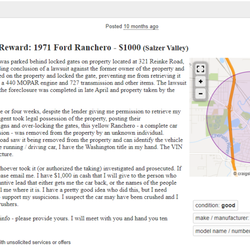Sunny Valley Sales - My ad for the return of the stolen Ranchero Mills stole and sold. I got the car back.  Mills is in serious trouble.