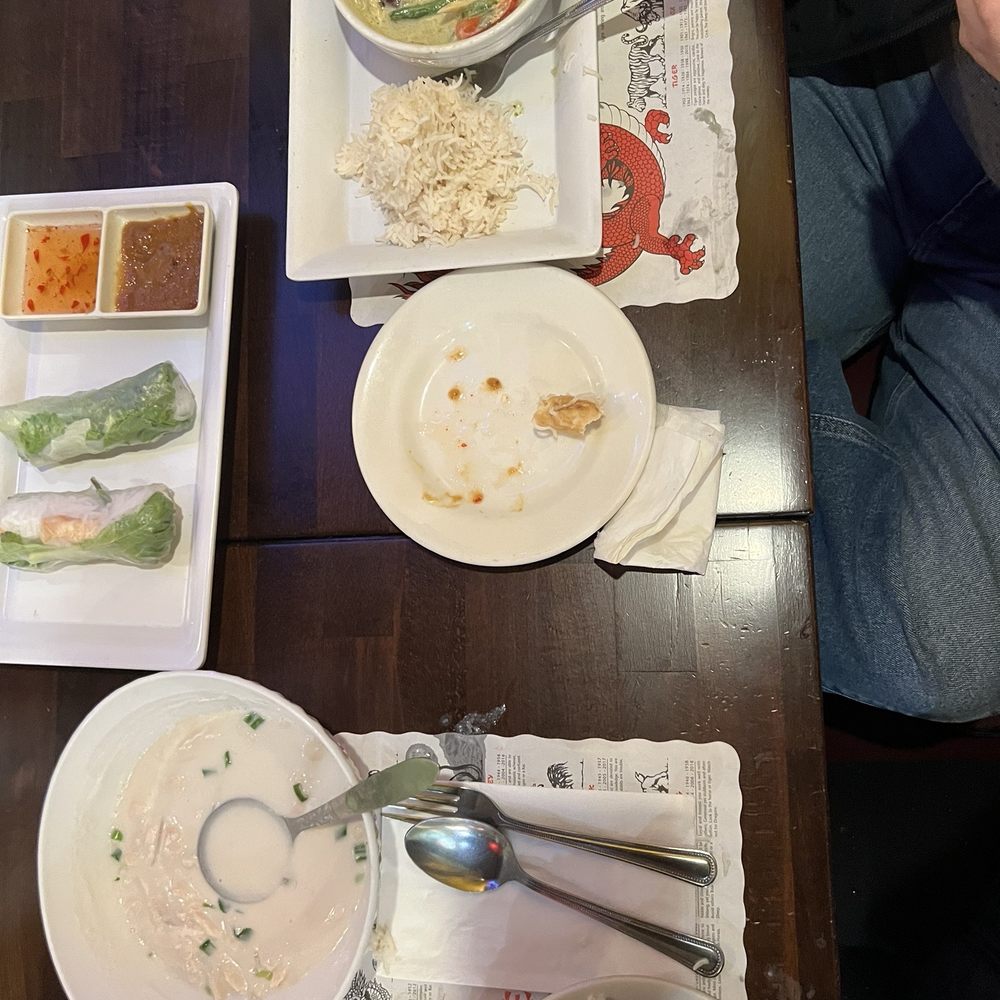 Tom ka soup, green curry,rice and fresh spring rolls. Tom ka soup, green curry,rice and fresh spring rolls.