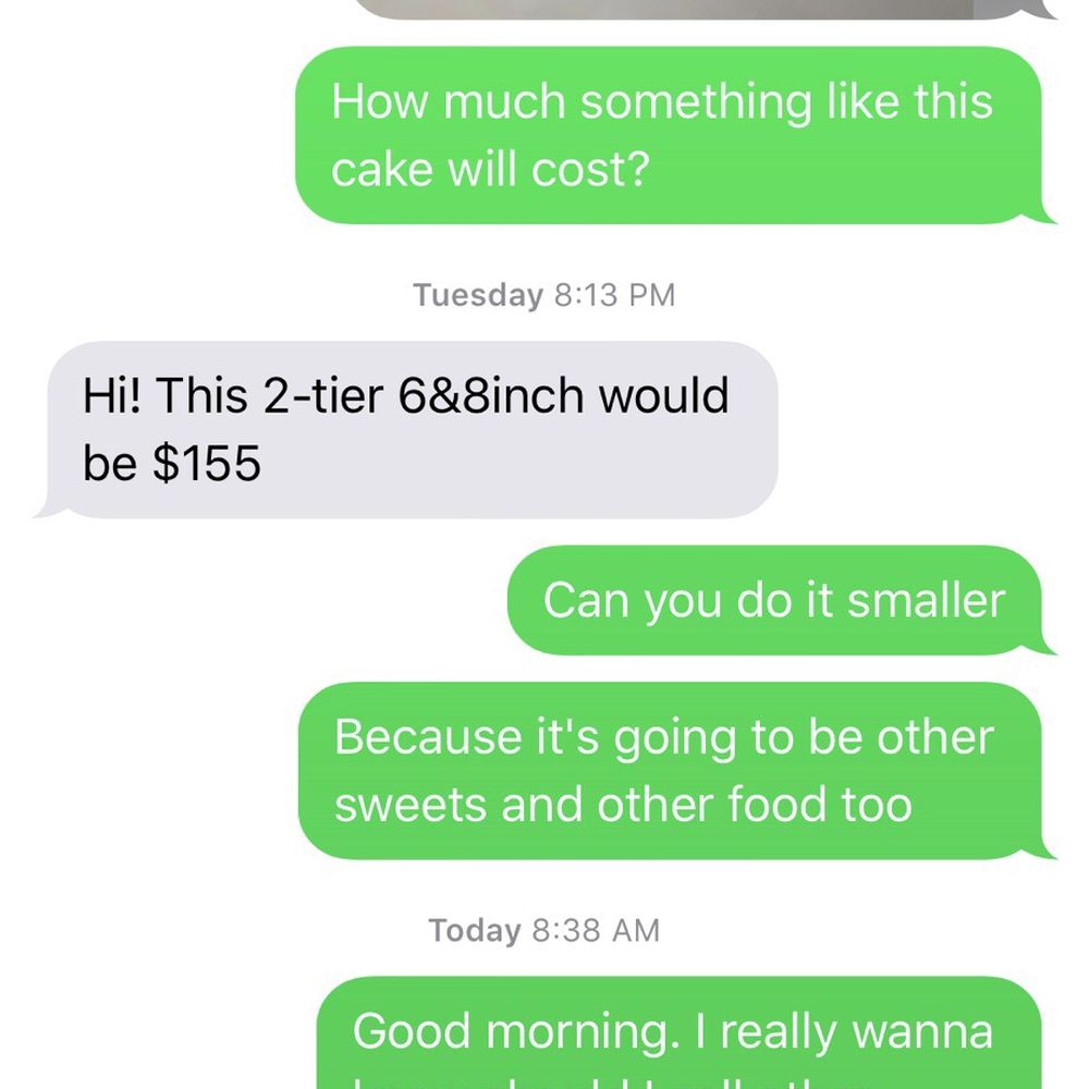 Baker's Bliss - a text message from a customer - Desserts Near Me