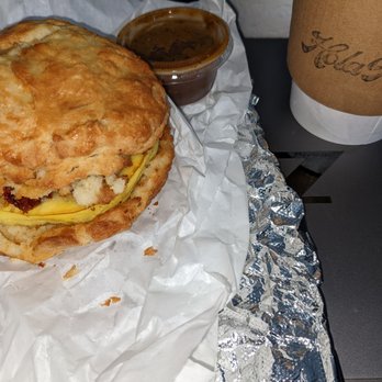 Hola Adios Coffeeshop - Sal Biscuit with side salsa and coffee. - Coffee & Tea Near Me - Tustin, California Hola Adios Coffeeshop - Sal Biscuit with side salsa and coffee. - Coffee & Tea Near Me - Tustin, California