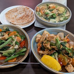 Roti (top left), Golden Curry (top right), basil chicken (bottom right), mixed vegetables (bottom left)