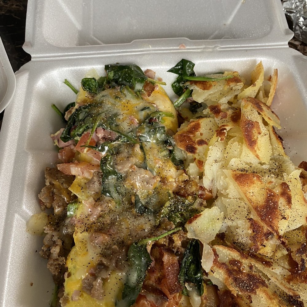 Roy's Breakfast and Lunch - Meat omelette with added spinach and veggies. - Breakfast & Brunch Near Me - Cypress, Texas Roy's Breakfast and Lunch - Meat omelette with added spinach and veggies. - Breakfast & Brunch Near Me - Cypress, Texas