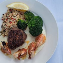 Beasy's On The Creek - Filet and prawns (surf and turf). The jalapeño aioli sauce was to die for!