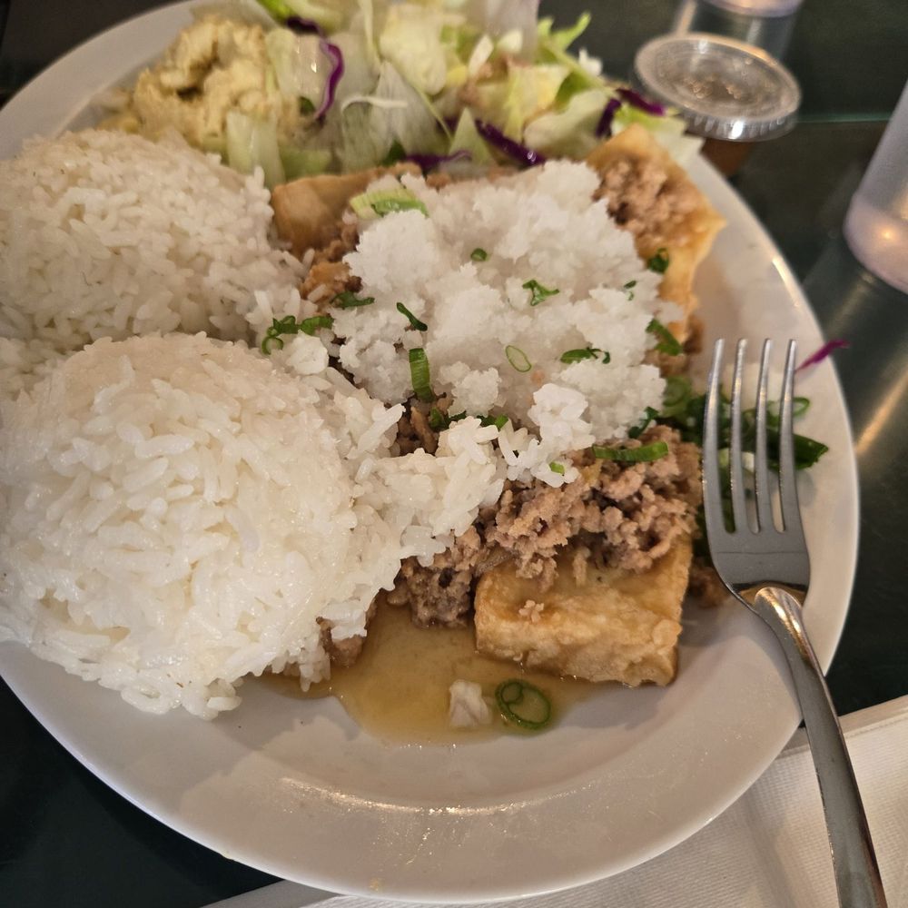 Ladybug Café - Tofu steak plate with ground chicken, finely shaved radish, green salad, Mac salad and rice - Japanese Near Me - Gardena, California Ladybug Café - Tofu steak plate with ground chicken, finely shaved radish, green salad, Mac salad and rice - Japanese Near Me - Gardena, California