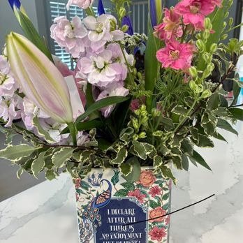 Four Seasons Flowers - Backside of Jane Austin vase with four seasons flowers especially Irises! - Florists Near Me - San Diego, California