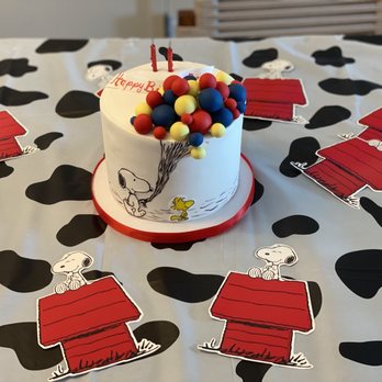 Maggie's Bakery - a birthday cake decorated with peanuts and balloons - Custom Cakes Near Me Maggie's Bakery - a birthday cake decorated with peanuts and balloons - Custom Cakes Near Me