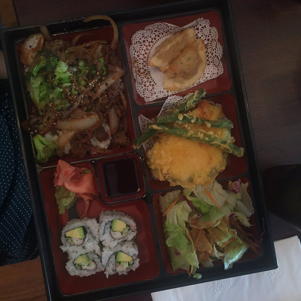 Momoyama - Bulgogi Box (beef over rice, California roll, tempura, gyoza, and salad) - Japanese Near Me - Washington, DC, District of Columbia Momoyama - Bulgogi Box (beef over rice, California roll, tempura, gyoza, and salad) - Japanese Near Me - Washington, DC, District of Columbia