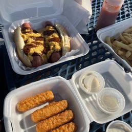 Chilli Dogs, Mozzarella Sticks, and a Large Fry Chilli Dogs, Mozzarella Sticks, and a Large Fry