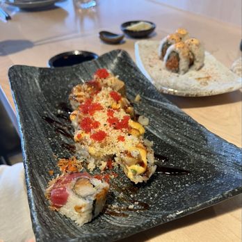 Raibu Sushi Bar - Keiko Roll with a spicy tuna roll behind - Sushi Bars Near Me - Boise, Idaho Raibu Sushi Bar - Keiko Roll with a spicy tuna roll behind - Sushi Bars Near Me - Boise, Idaho