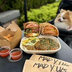 Mad Yolks - Mad Chick w/ over easy egg ($13.75), Classic Egg Sandwich ($10.50) w/ missing spam (+$3.50), Curry Moco ($15.75), Tots ($4)