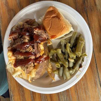 Bustin' Butts BBQ/210 Produce - BBQ Brisket Tater Special with 2 sides: green beans (include bacon) and smoked mac n cheese (in the Tater stack). - Street Vendors Near Me - Sevierville, Tennessee Bustin' Butts BBQ/210 Produce - BBQ Brisket Tater Special with 2 sides: green beans (include bacon) and smoked mac n cheese (in the Tater stack). - Street Vendors Near Me - Sevierville, Tennessee