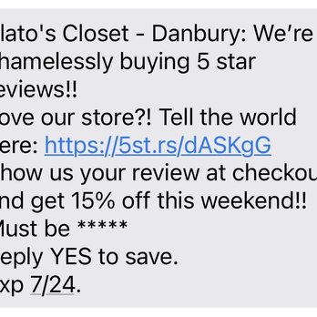 Plato's Closet Danbury - Proof of them soliciting reviews - Men's Clothing Near Me - Danbury, Connecticut