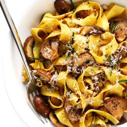 The Grub Bus - Mushroom Lovers  Fettuccine with an ample amount of mushrooms tossed in dry white wine, balsamic vinegar and garlic with a hint of rosemary.