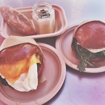 Eggslut - Gaucho, cheeseburger with avocado and bacon, and the slut! All was just OKAY. Not a big fan. - Breakfast & Brunch Near Me - Los Angeles, California