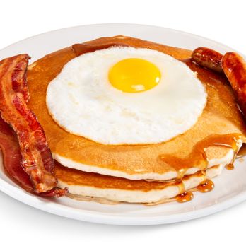 Rosie's Café - Indulge in The Bertha at Rosie's Café--2 large pancakes topped with a sunny-side-up egg, drizzled in syrup, with sides of bacon and sausage! - Cafes Near Me - Sparks, Nevada Rosie's Café - Indulge in The Bertha at Rosie's Café--2 large pancakes topped with a sunny-side-up egg, drizzled in syrup, with sides of bacon and sausage! - Cafes Near Me - Sparks, Nevada