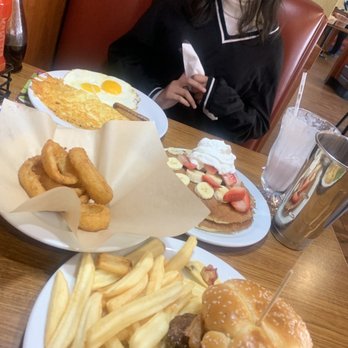 Denny's - Blueberry package breakfast for my daughter & bacon avocado cheeseburger for me which was delicious ! - American Near Me - Fresno, California Denny's - Blueberry package breakfast for my daughter & bacon avocado cheeseburger for me which was delicious ! - American Near Me - Fresno, California