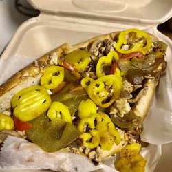 High Steaks - Chicken Cheesesteak with onions, mushrooms, sweet peppers, banana peppers, American cheese, provolone cheese