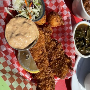 Lou's Luncheonette - Catfish plate with coleslaw, hush puppies, collard greens, and buracho beans. - Barbeque Near Me - Sonoma, California