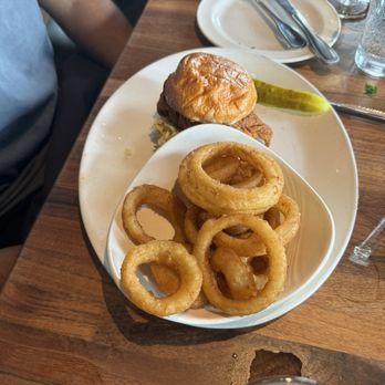 Yard House - Nashville Hot Chicken Sandwich with onion rings - New American Near Me - San Jose, California Yard House - Nashville Hot Chicken Sandwich with onion rings - New American Near Me - San Jose, California