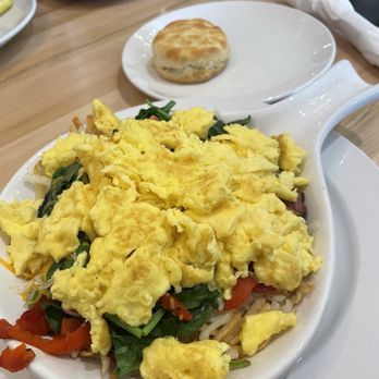 Hills Cafe - Austin Ranch - Chicken sausage Hills Skillet,  Biscuit, and Side Pancakes - Breakfast & Brunch Near Me - The Colony, Texas