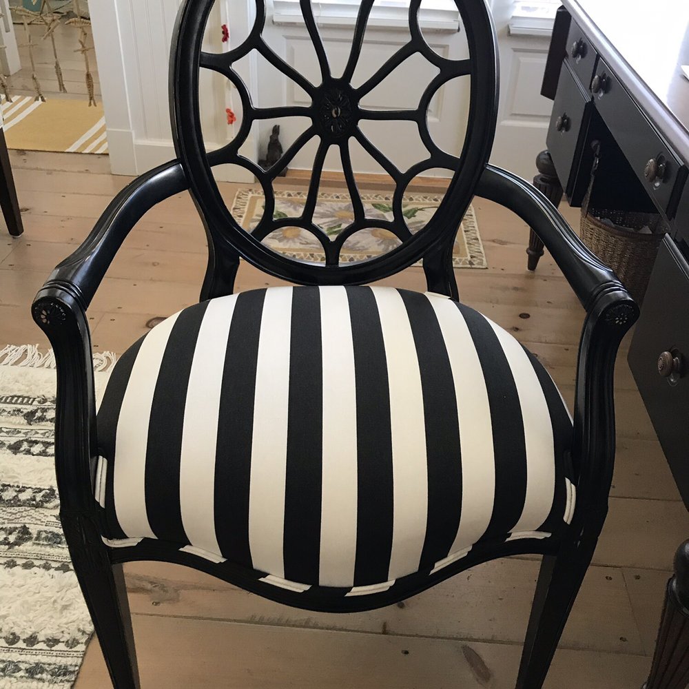 A 30 year old Ethan Allen "Spyder Chair" excellent re-upholstery using my black and white material. A 30 year old Ethan Allen "Spyder Chair" excellent re-upholstery using my black and white material.