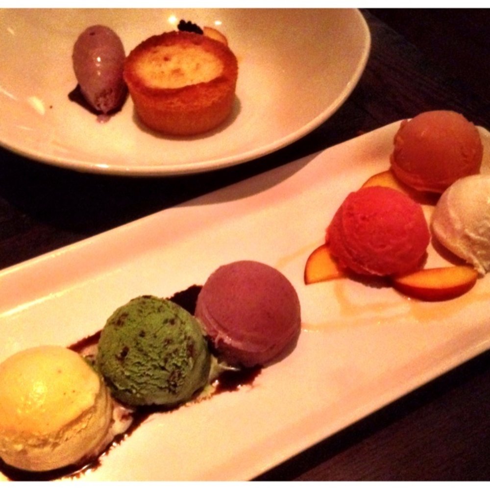 Gemma - Ice cream/sorbet sampler (from left: vanilla, mint chip, triple berry, prickly pear margarita, coconut, peach) & Basque cake... - French Near Me - Dallas, Texas Gemma - Ice cream/sorbet sampler (from left: vanilla, mint chip, triple berry, prickly pear margarita, coconut, peach) & Basque cake... - French Near Me - Dallas, Texas