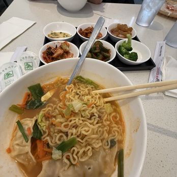 K-Kitchen - Gyoza ramen with banchan in the background - Korean Near Me - Lacey, Washington