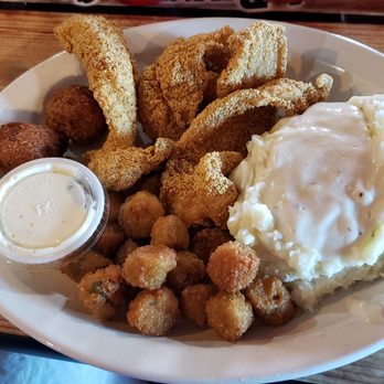 Ole West Bean & Burger - Fried catfish  okra and mashed potatoes with cream gravy - Burgers Near Me - Mabank, Texas