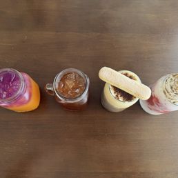 left to right: mangonada lemonade, sweet peach tea, tiramisu latte, strawberry horchata left to right: mangonada lemonade, sweet peach tea, tiramisu latte, strawberry horchata