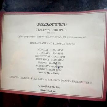 Tizley's Europub - Hours December 2023 - German Near Me - Poulsbo, Washington